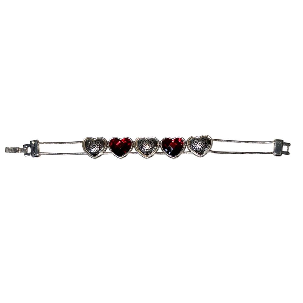 Napier Silver Tone Red Crystal Heart Charm Bracelet - 7"